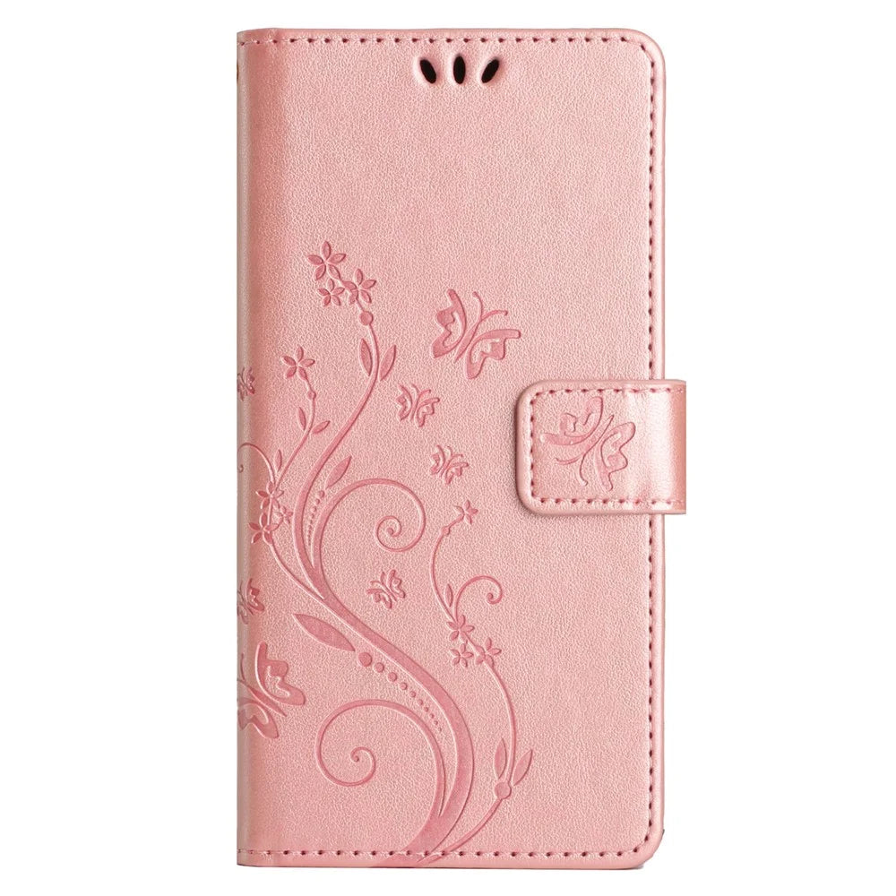For Samsung Galaxy S23 FE Butterfly Imprint Leather Wallet Shell Anti-fall Stand Phone Case - Rose Gold - 6