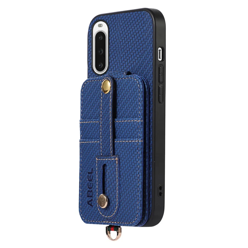 ABEEL Style 02 Carbon Fiber Texture PU+TPU Phone Case for Sony Xperia 10 V RFID Blocking Card Holder Kickstand Cover - Blue - 1