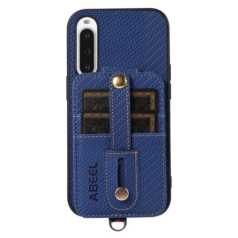 ABEEL Style 02 Carbon Fiber Texture PU+TPU Phone Case for Sony Xperia 10 V RFID Blocking Card Holder Kickstand Cover - Blue - 2