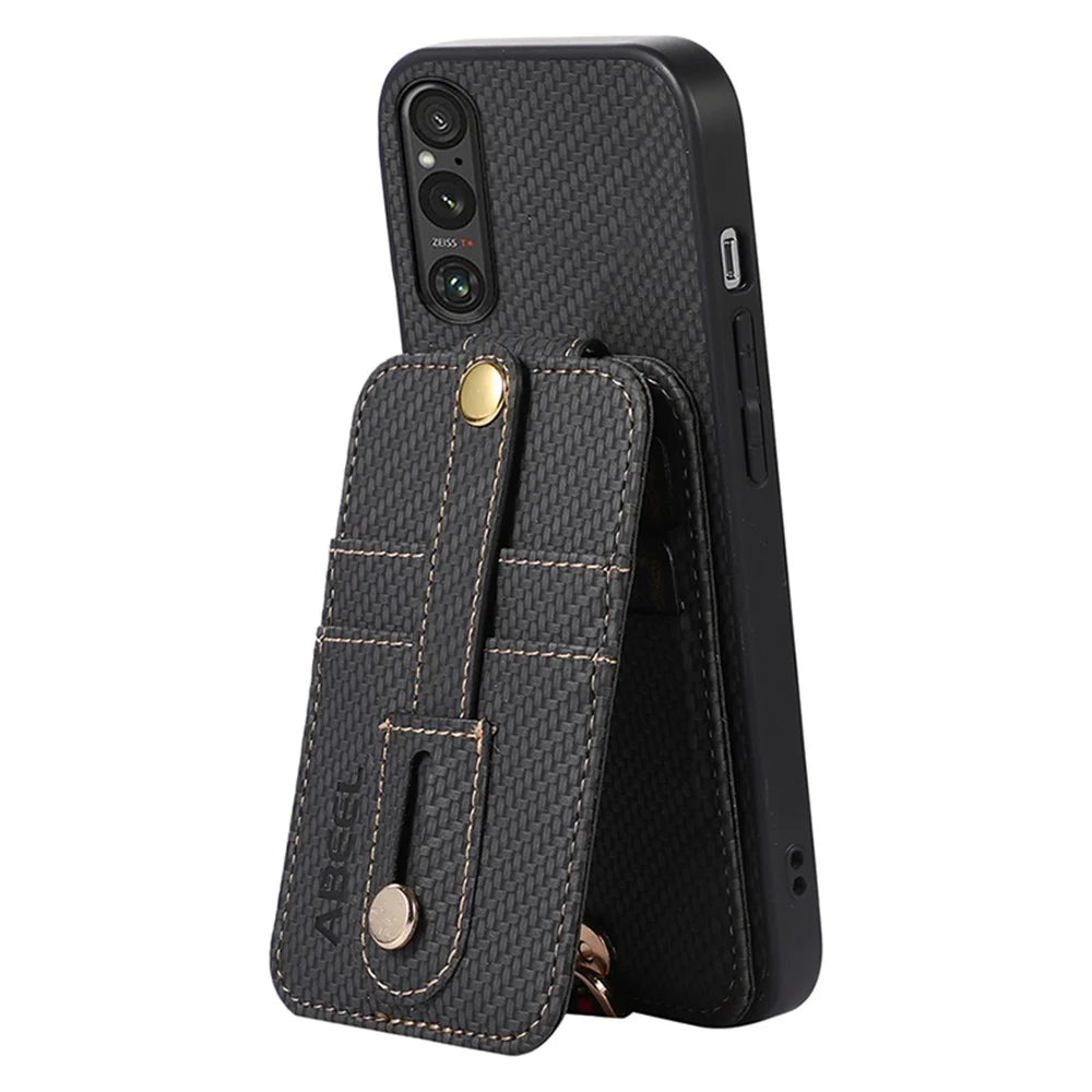 ABEEL Style 02 Kickstand Phone Case for Sony Xperia 1 V RFID Blocking Carbon Fiber Texture PU+TPU Cover with Card Holder - Black - 2