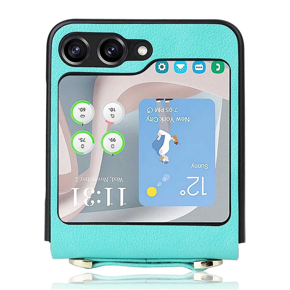 For Samsung Galaxy Z Flip5 5G One-Piece PU + PC Phone Case Cell Phone Protective Cover with Long Strap - Cyan - 3