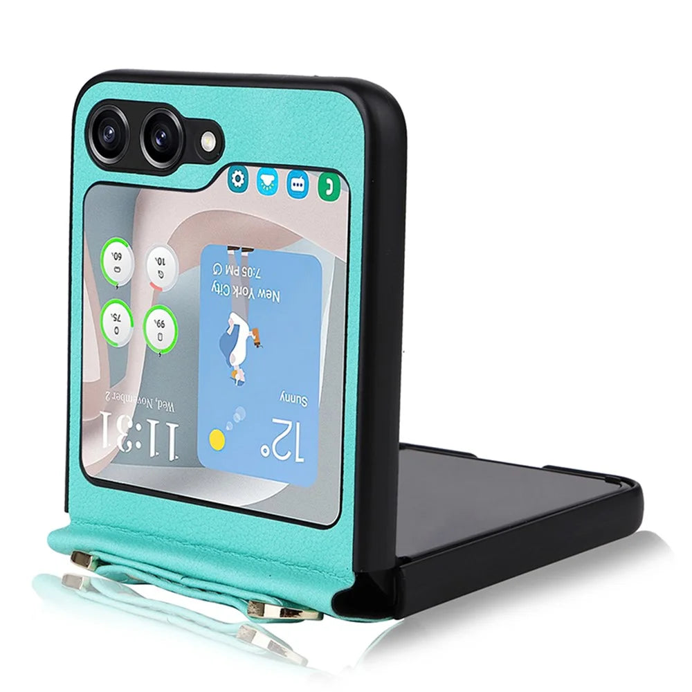 For Samsung Galaxy Z Flip5 5G One-Piece PU + PC Phone Case Cell Phone Protective Cover with Long Strap - Cyan - 4