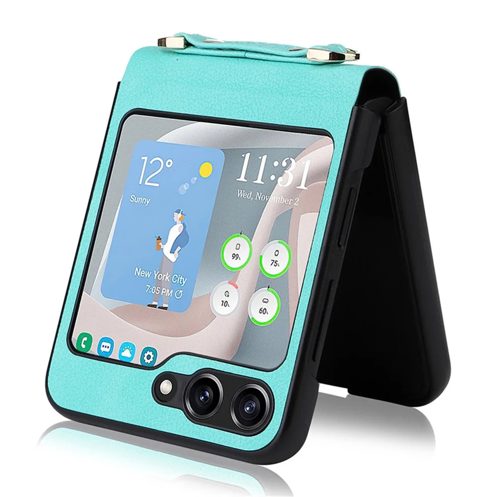 For Samsung Galaxy Z Flip5 5G One-Piece PU + PC Phone Case Cell Phone Protective Cover with Long Strap - Cyan - 5