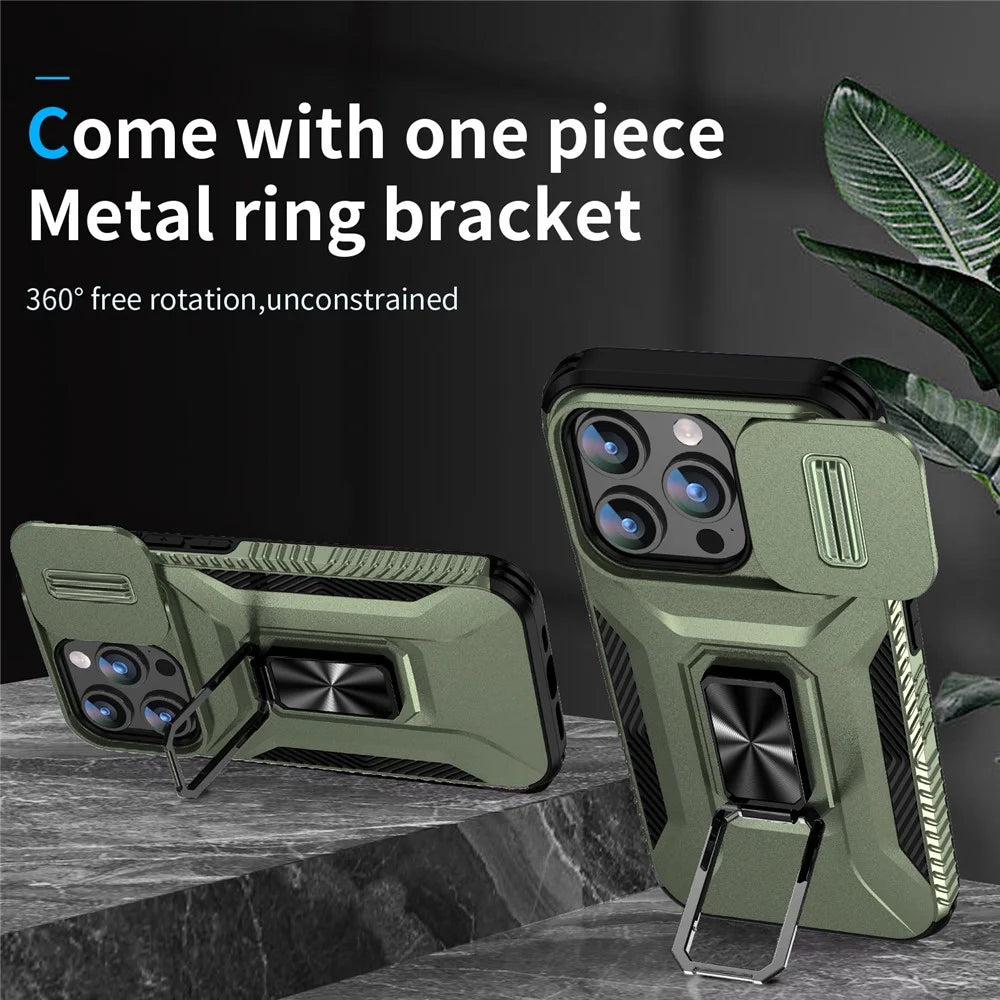 For iPhone 15 Pro Drop-proof PC+TPU Case Kickstand Cell Phone Cover Shell with Camera Slider - Green - 2