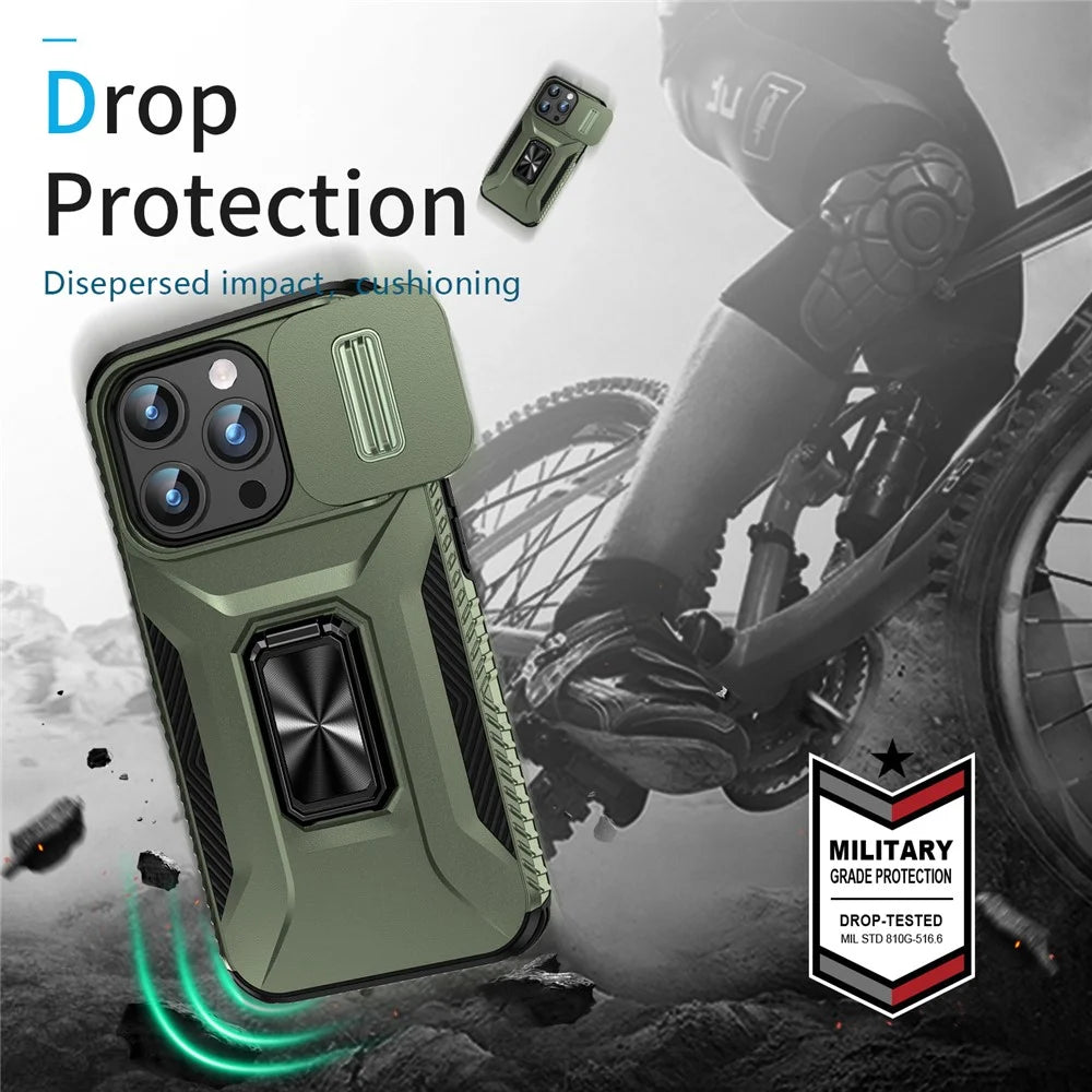 For iPhone 15 Pro Drop-proof PC+TPU Case Kickstand Cell Phone Cover Shell with Camera Slider - Green - 5