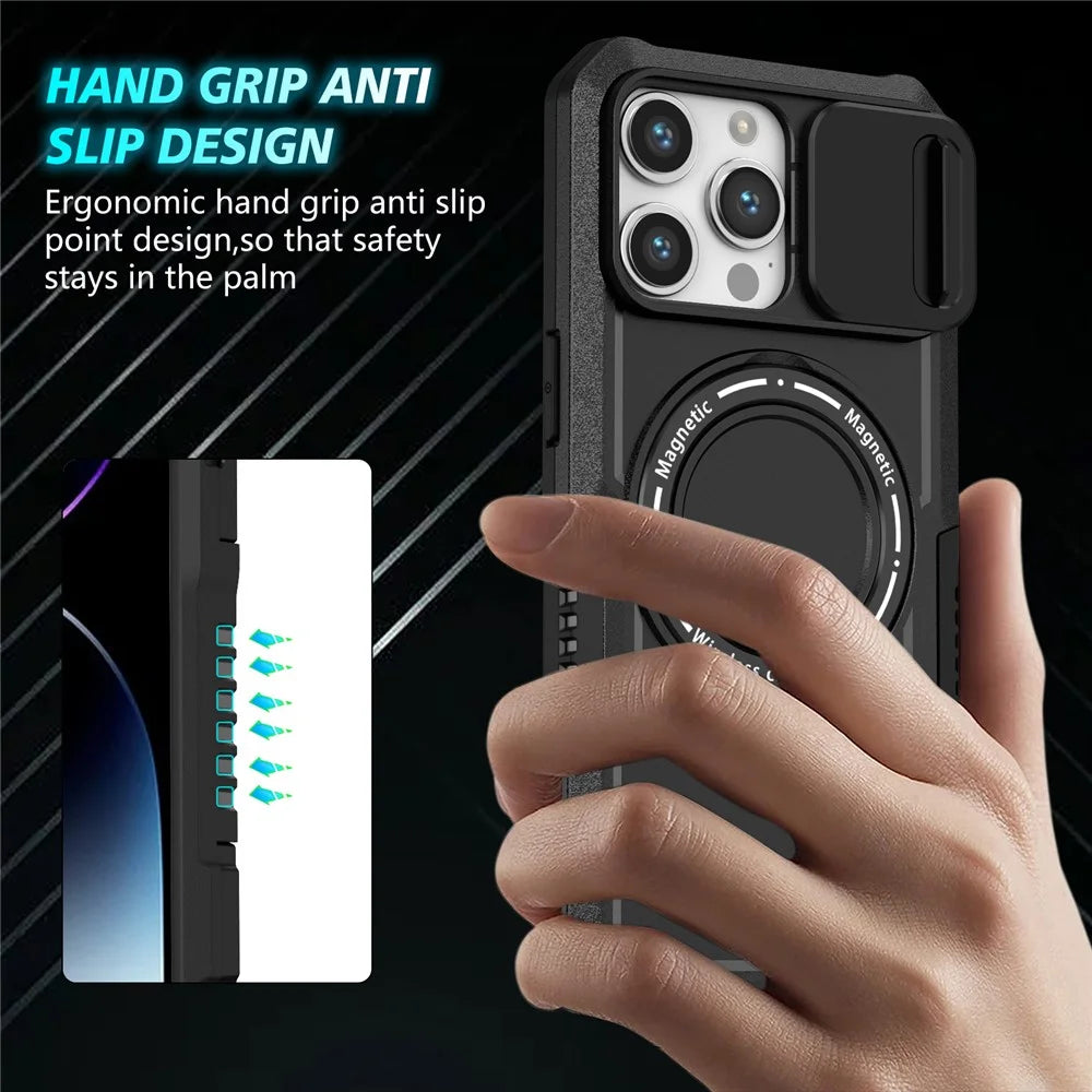 Kickstand PC+TPU Case for iPhone 15 Pro Max Compatible with MagSafe Sliding Lens Cover Protective Phone Shell - Black - 2