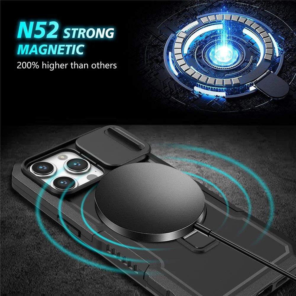 Kickstand PC+TPU Case for iPhone 15 Pro Max Compatible with MagSafe Sliding Lens Cover Protective Phone Shell - Black - 5