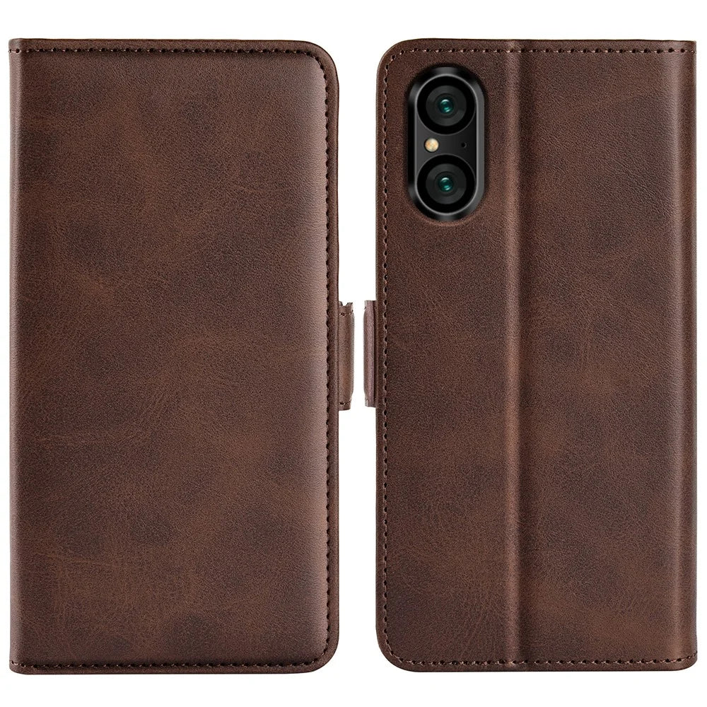 For Sony Xperia 5 V Calf Texture Drop-proof Phone Cover Leather Wallet Stand Case - Brown - 1