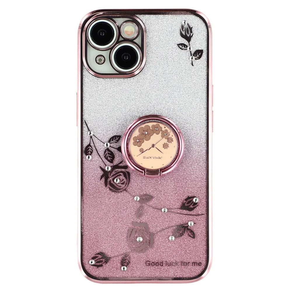 KADEM For iPhone 15 Ring Kickstand Gradient Glitter TPU Cover Flower Pattern Drop-proof Phone Case - Rose Gold - 1