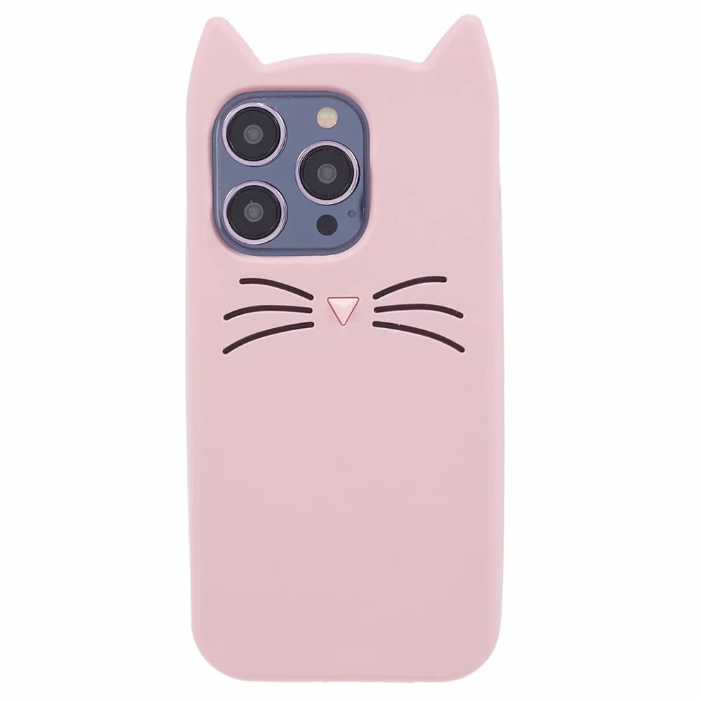 Silicone Phone Case for iPhone 14 Pro , Shockproof 3D Moustache Cat Phone Cover - Pink - 1