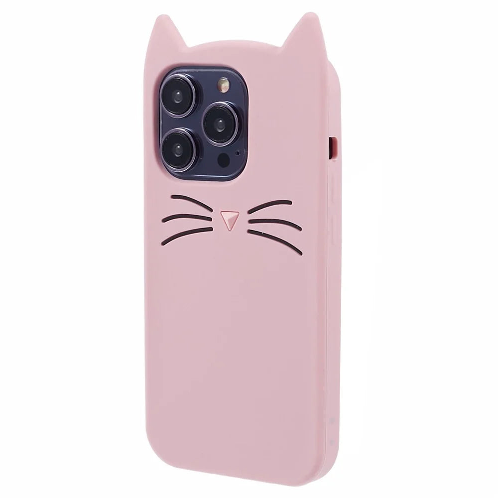 Shockproof Cover For iPhone 13 Pro Max Soft Silicone Phone Case 3D Moustache Cat Phone Shell - Pink - 3