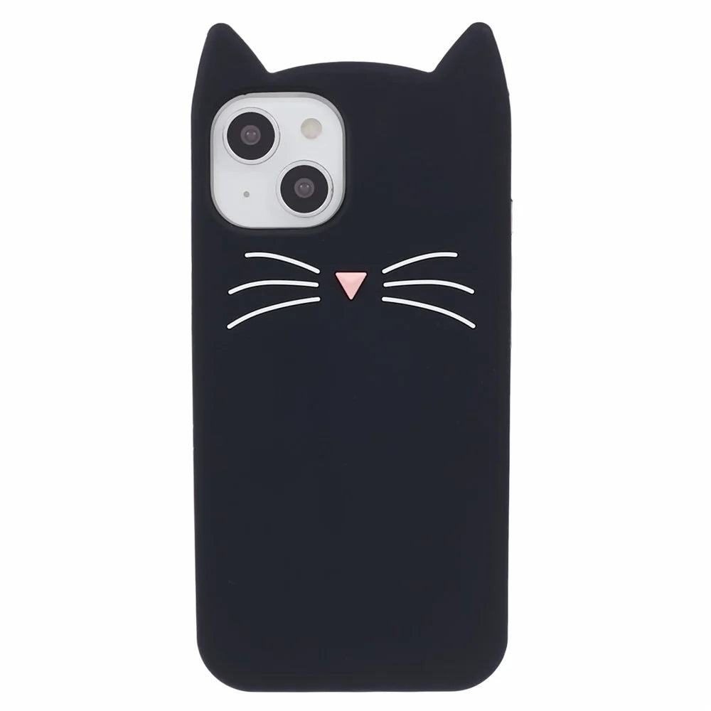 For iPhone 13 Smartphone Case 3D Moustache Cat Shockproof Silicone Cell Phone Cover - Black - 1