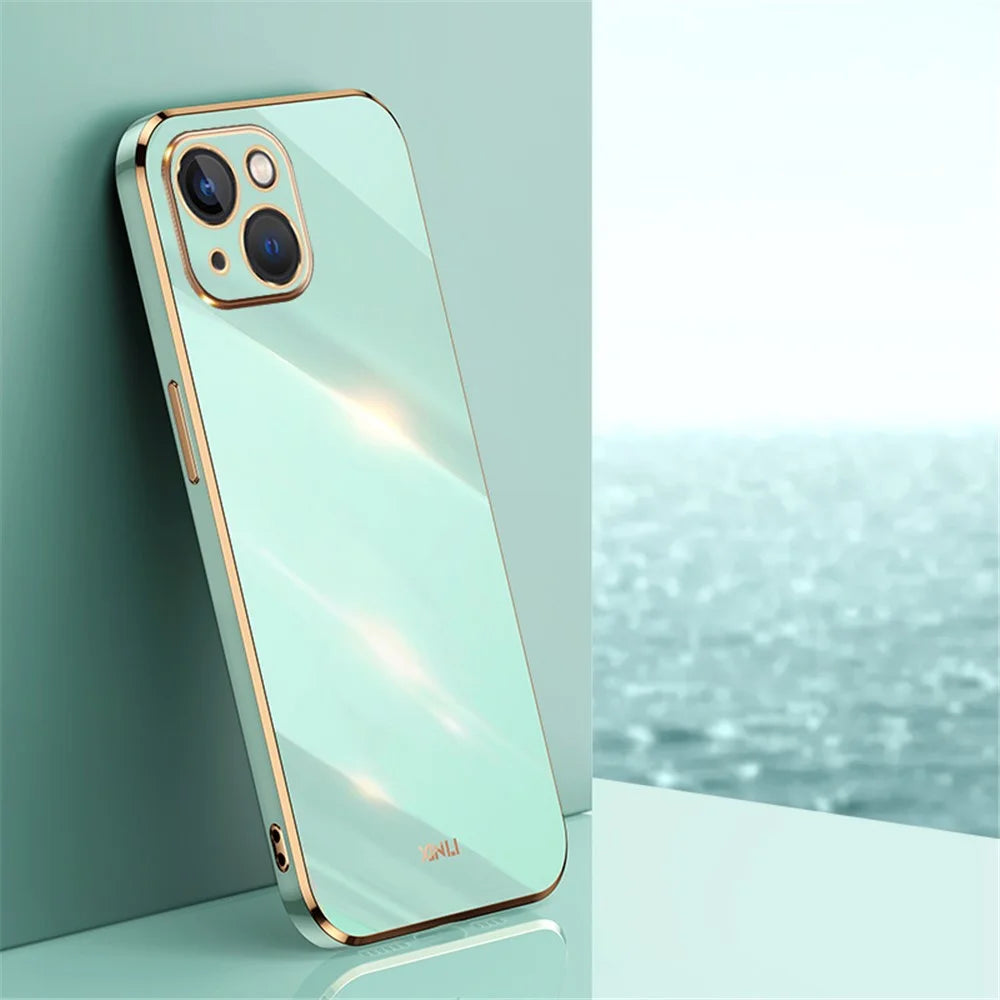 XINLI For iPhone 15 Electroplating Gold Edge Phone Case TPU Drop-proof Back Cover - Cyan - 2