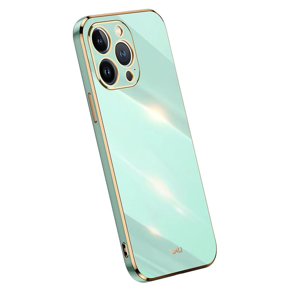 XINLI For iPhone 15 Pro Anti-scratch Phone Back Cover Electroplating Gold Edge TPU Case - Cyan - 1