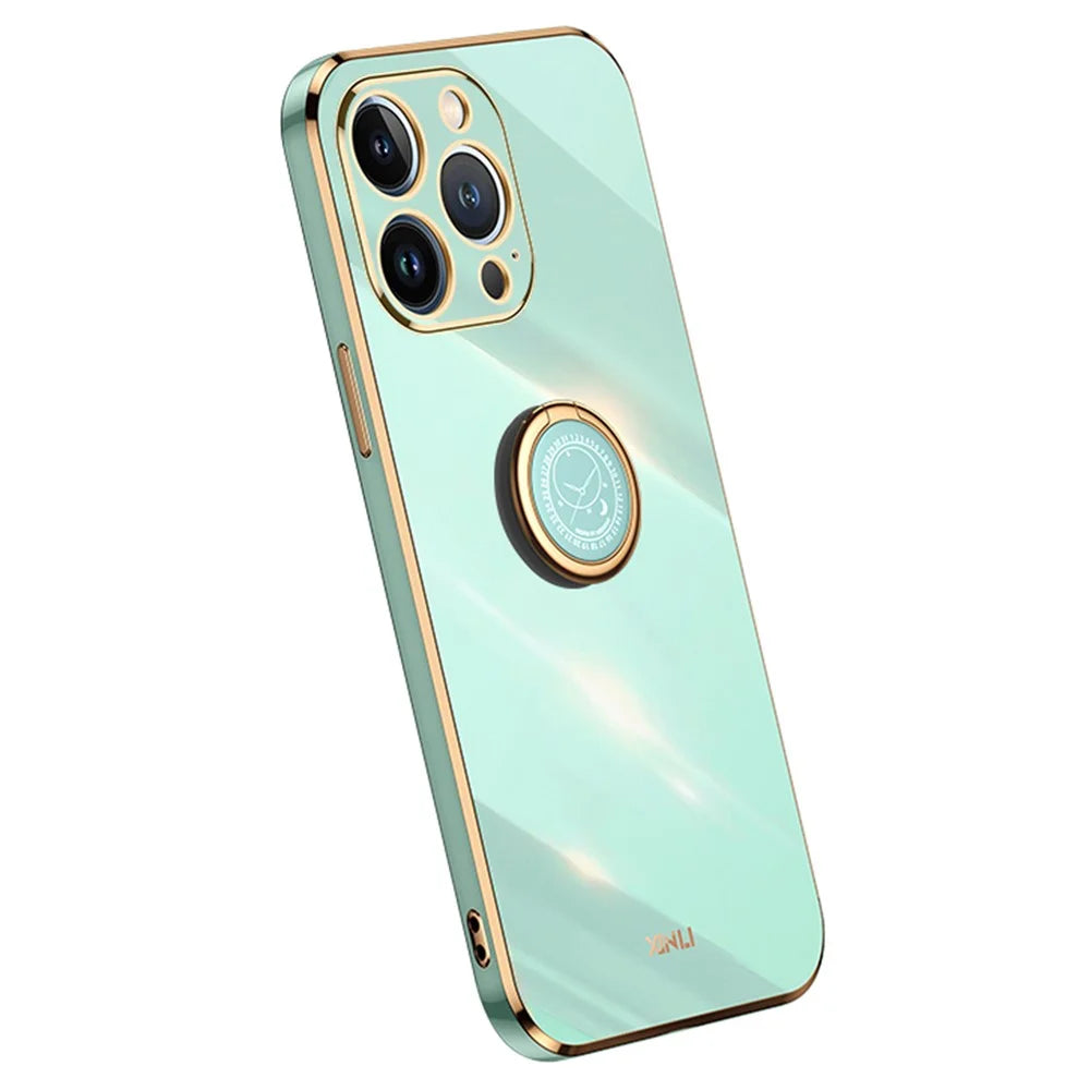 XINLI Ring Kickstand Phone Case for iPhone 15 Pro Electroplated TPU Anti-scratch Cover - Cyan - 1