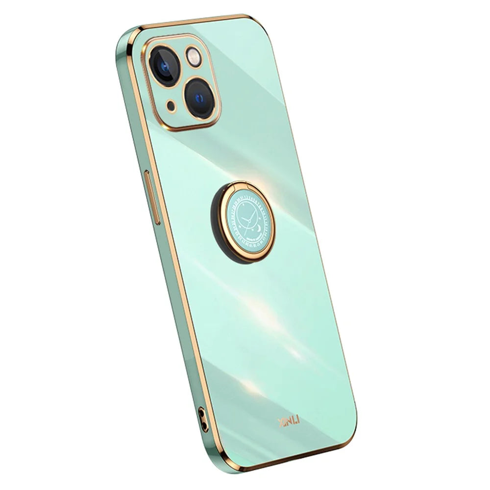 XINLI For iPhone 15 Plus Ring Kickstand Phone Case Electroplated TPU Protective Cover - Cyan - 1