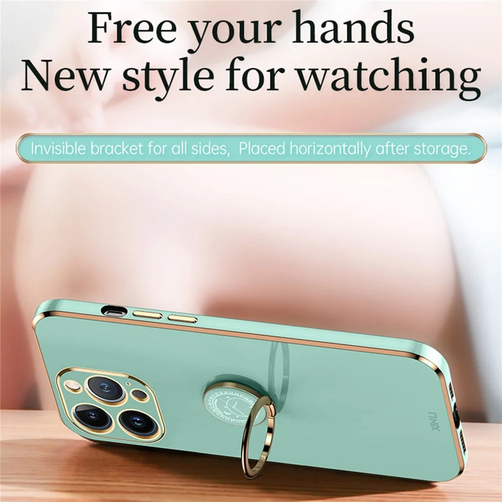 XINLI For iPhone 15 Pro Max Anti-drop Ring Kickstand Phone Case Electroplated TPU Cover - Cyan - 3