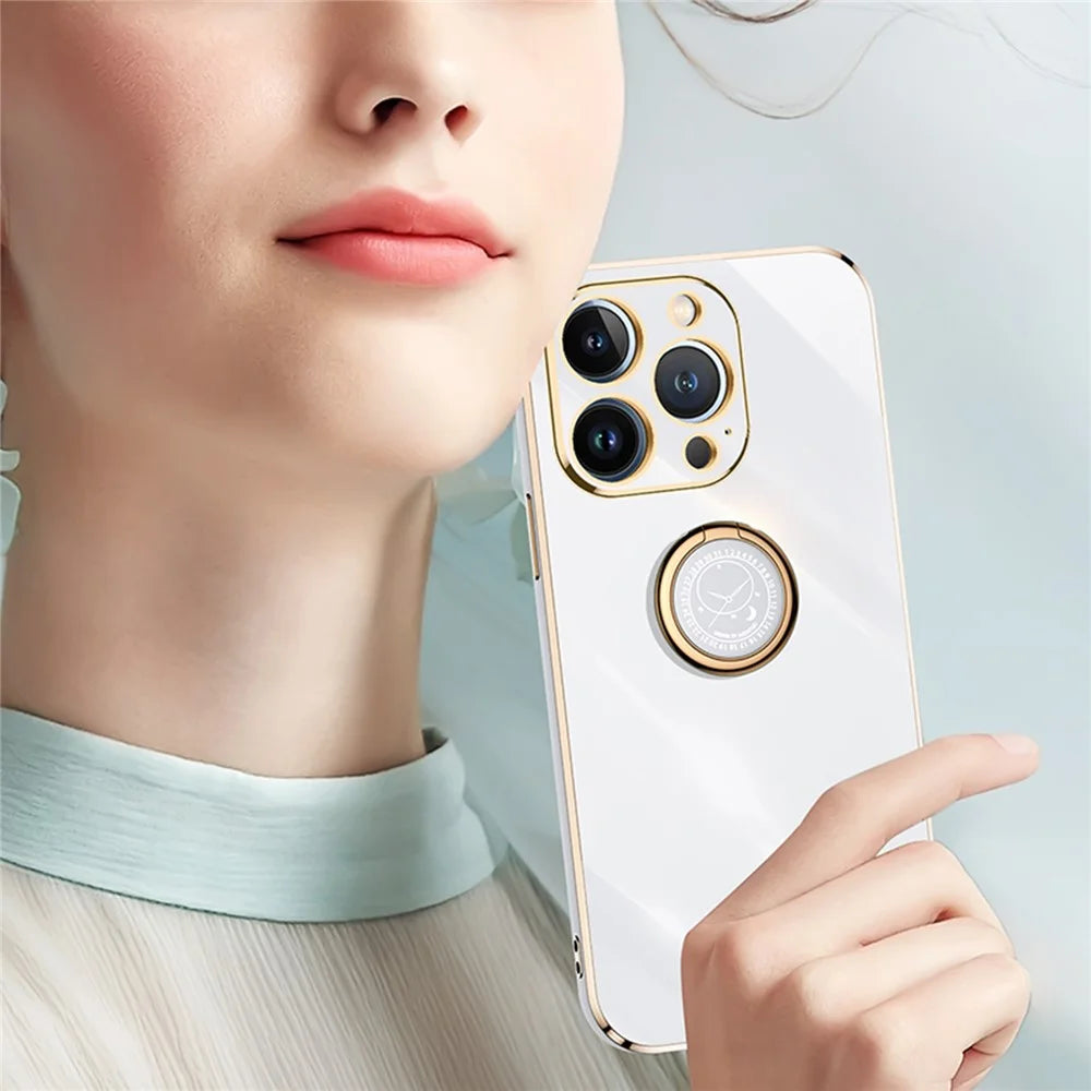 XINLI For iPhone 15 Pro Max Anti-drop Ring Kickstand Phone Case Electroplated TPU Cover - Cyan - 4
