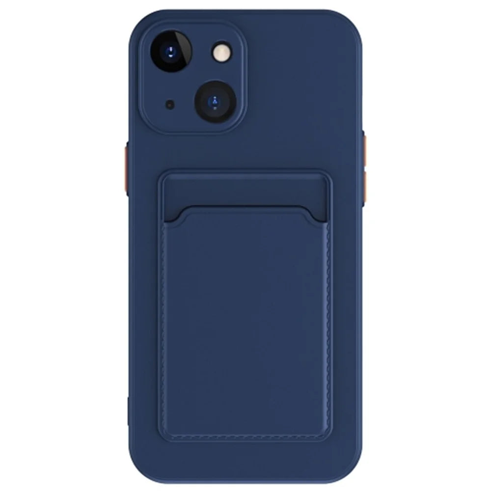 Anti-Scratch Phone Case for iPhone 15 Plus Pure Color Soft TPU Phone Cover with Card Holder - Dark Blue - 1
