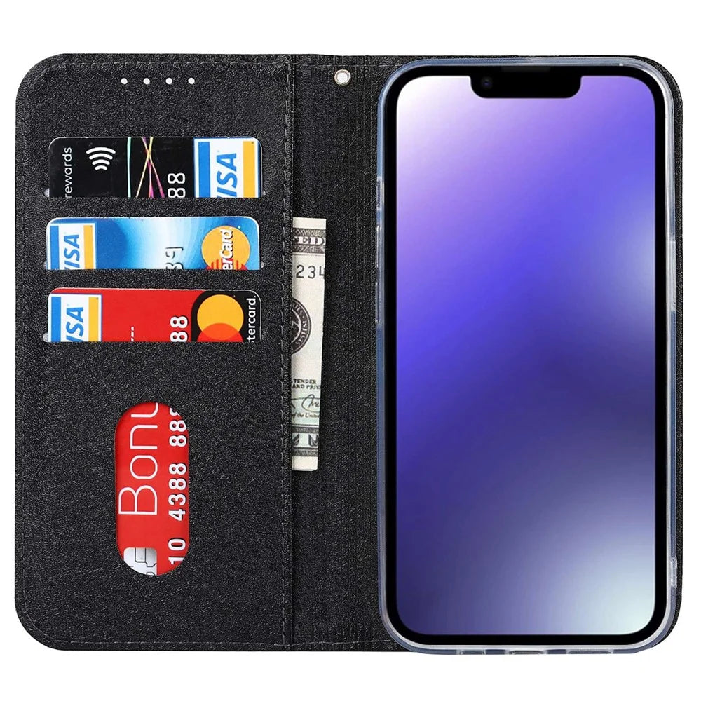 For iPhone 15 Wallet Phone Case Silk Texture Stand TPU + PU Leather Cover - Black - 2