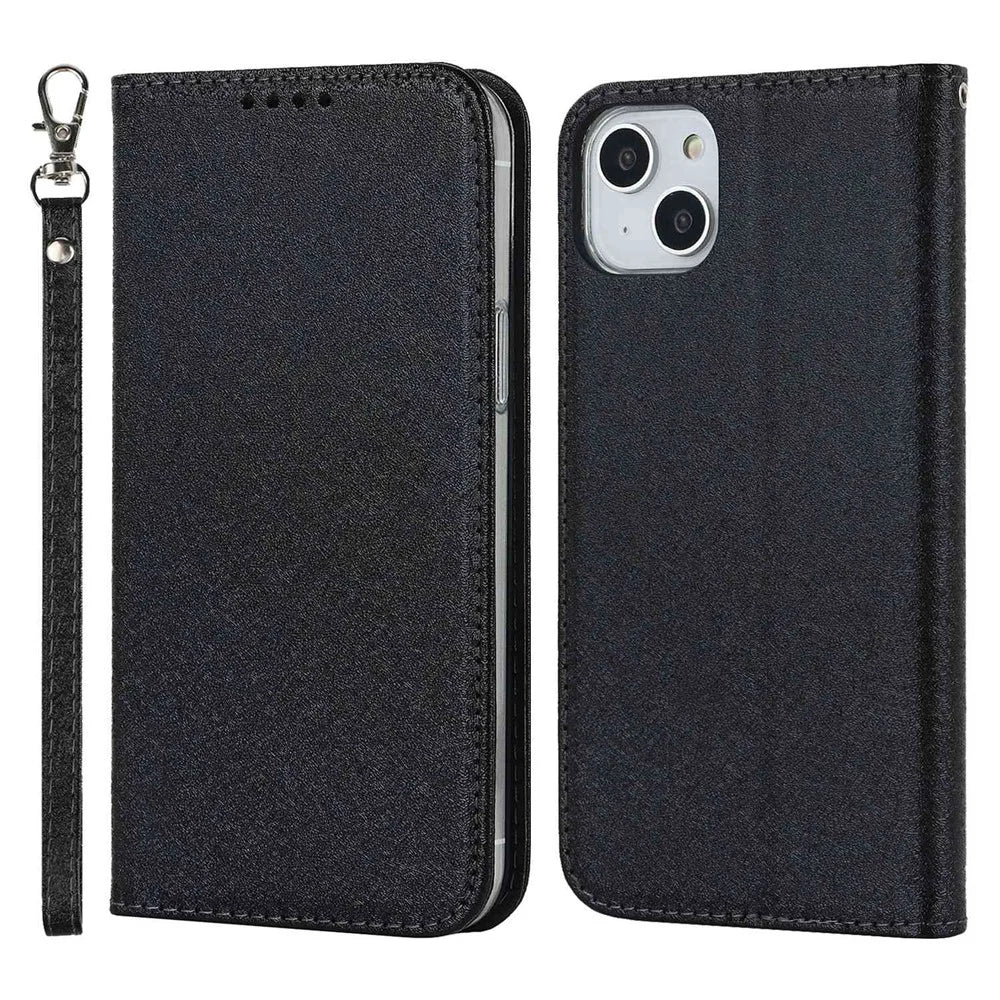 For iPhone 15 Plus Phone Case Silk Texture Stand Cover Anti-Scratch PU Leather Wallet Phone Shell - Black - 1