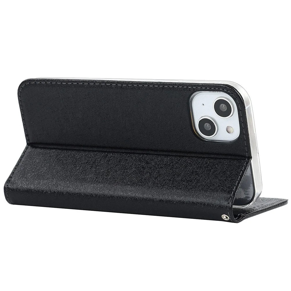 For iPhone 15 Plus Phone Case Silk Texture Stand Cover Anti-Scratch PU Leather Wallet Phone Shell - Black - 4
