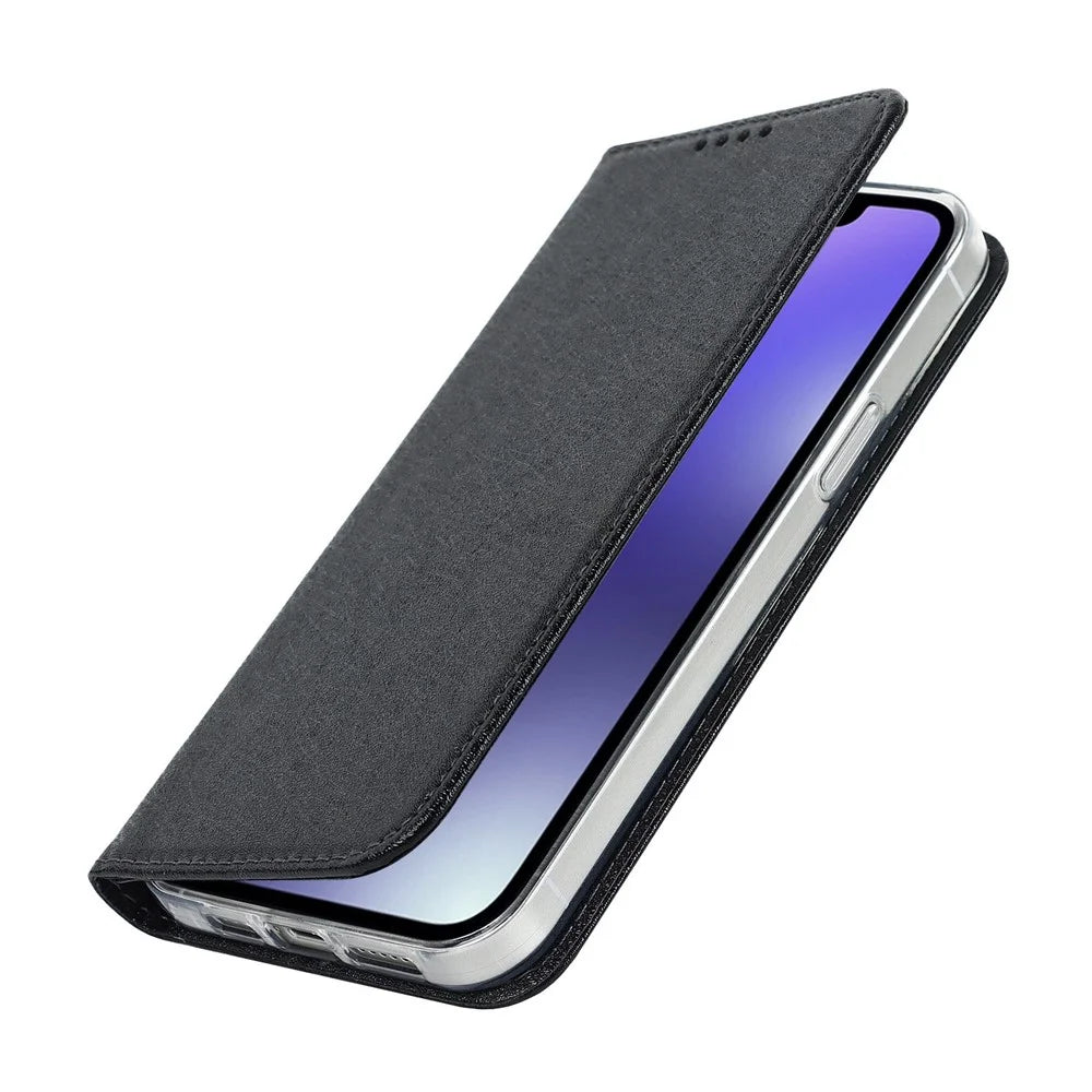 For iPhone 15 Plus Phone Case Silk Texture Stand Cover Anti-Scratch PU Leather Wallet Phone Shell - Black - 6