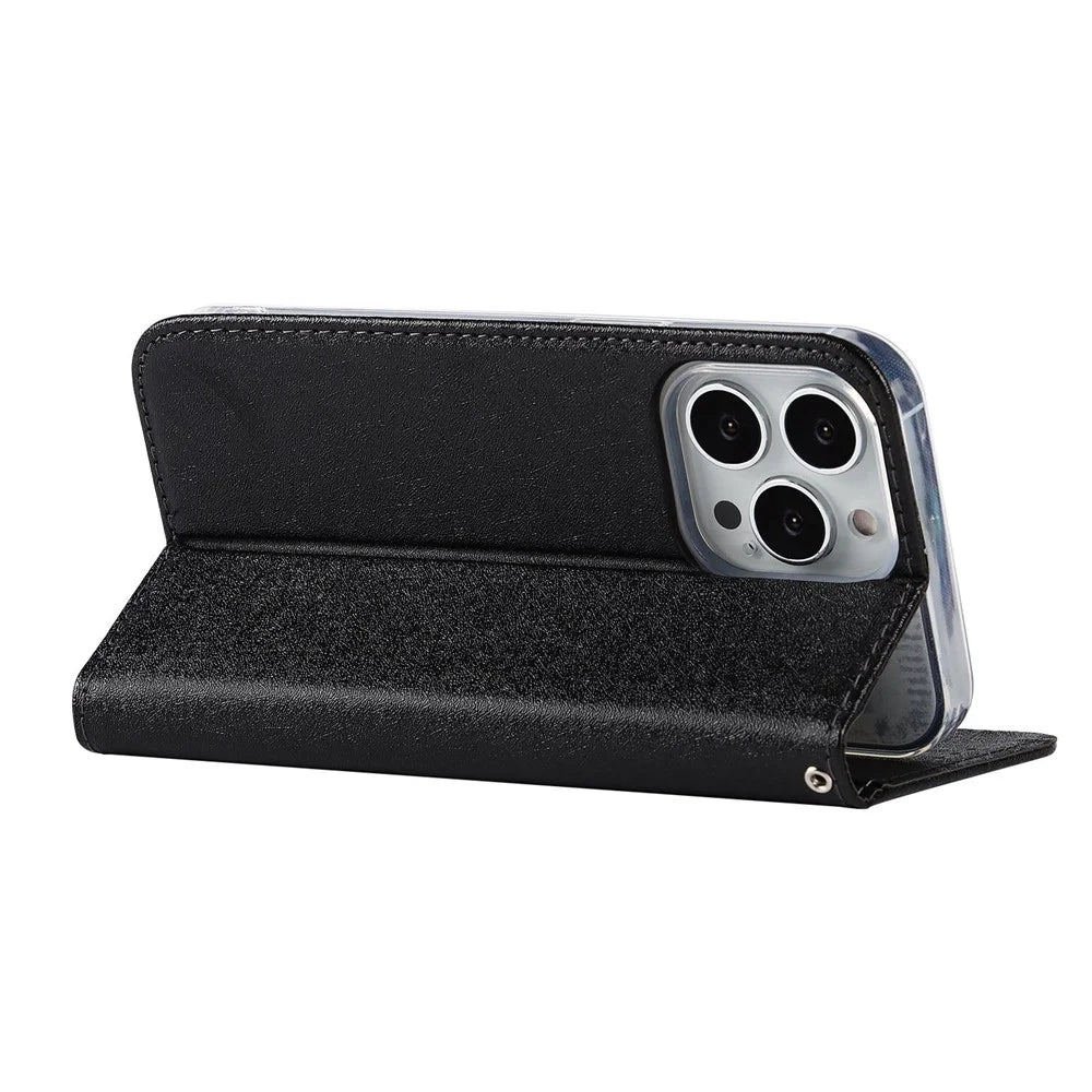 For iPhone 15 Pro Anti-Scratch PU Leather Wallet Phone Case Silk Texture Stand Cover - Black - 4