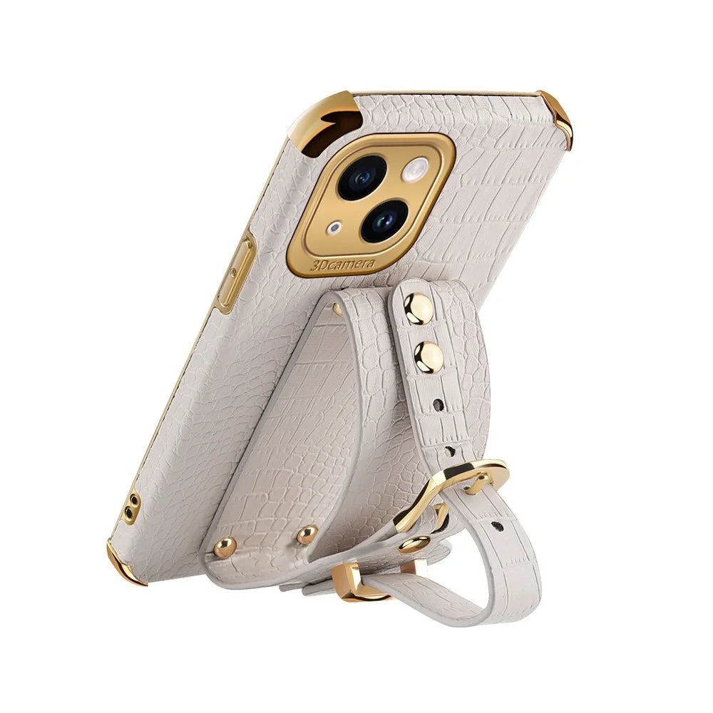 For iPhone 15 6D Electroplating Phone Cover PU Leather+TPU Back Case with Wristband Kickstand - White - 4