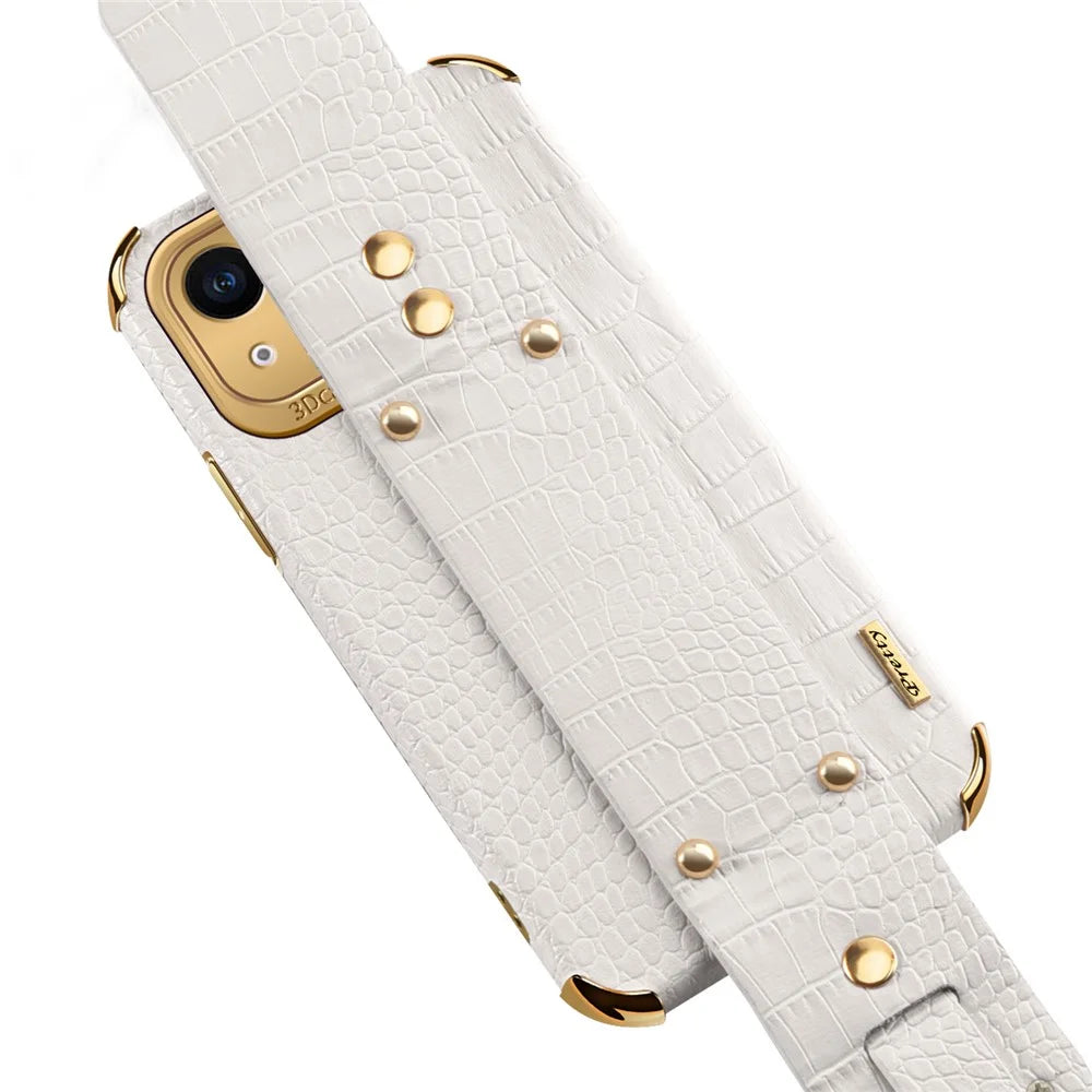 For iPhone 15 6D Electroplating Phone Cover PU Leather+TPU Back Case with Wristband Kickstand - White - 6