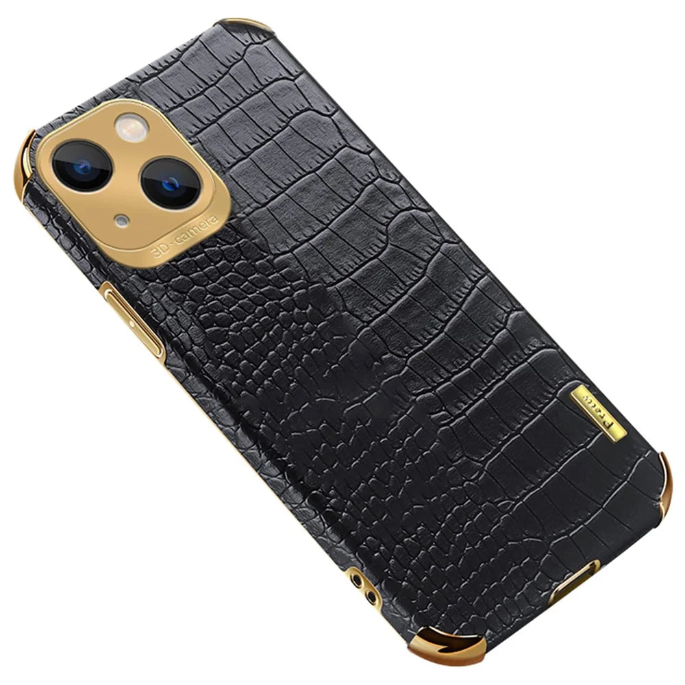 For iPhone 15 Plus Crocodile Texture PU Leather Coated TPU Cover 6D Electroplated Phone Case - Black - 1