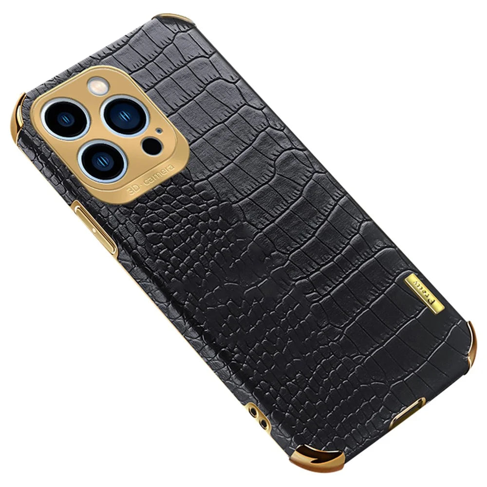 For iPhone 14 Pro Leather Coated TPU Cover Crocodile Texture Electroplated Smartphone Case - Black - 1