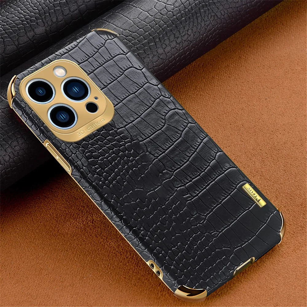 For iPhone 14 Pro Leather Coated TPU Cover Crocodile Texture Electroplated Smartphone Case - Black - 2
