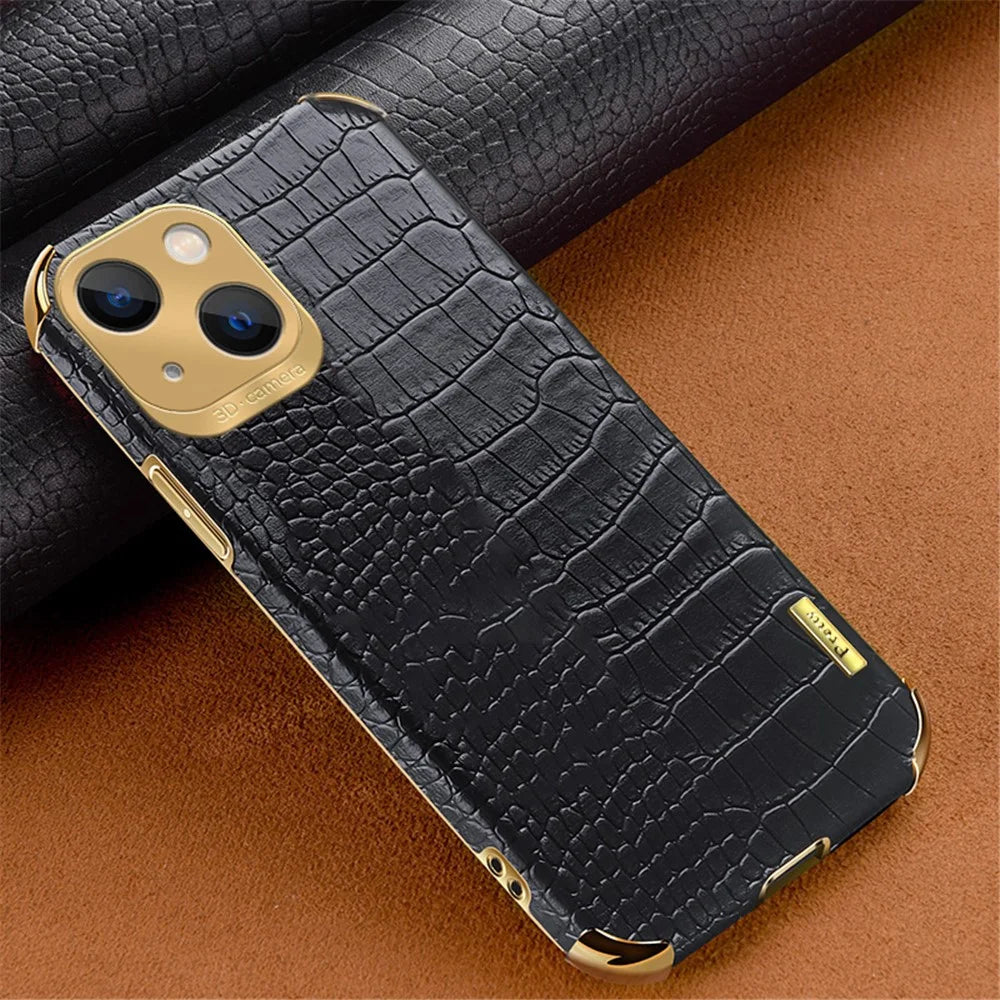 For iPhone 14 Plus Leather+TPU Anti-drop Cover Crocodile Texture Electroplated Phone Case - Black - 2