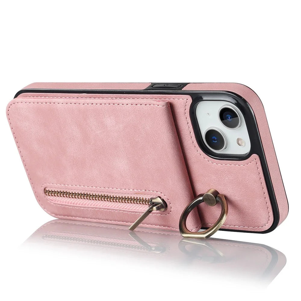 For iPhone 14 Plus Anti-drop Phone Case RFID Blocking Wallet Retro PU+TPU Cellphone Kickstand Cover - Pink - 2