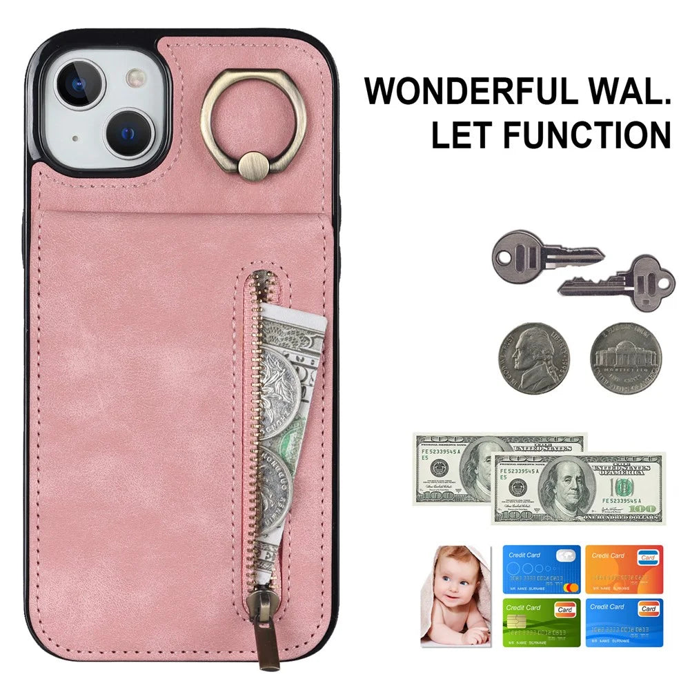 For iPhone 14 Plus Anti-drop Phone Case RFID Blocking Wallet Retro PU+TPU Cellphone Kickstand Cover - Pink - 4