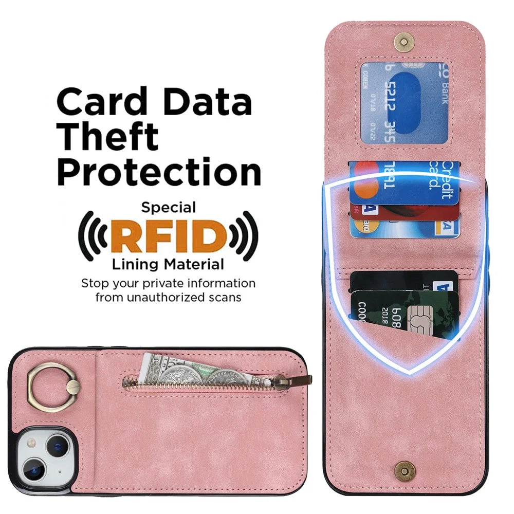 For iPhone 14 Plus Anti-drop Phone Case RFID Blocking Wallet Retro PU+TPU Cellphone Kickstand Cover - Pink - 6