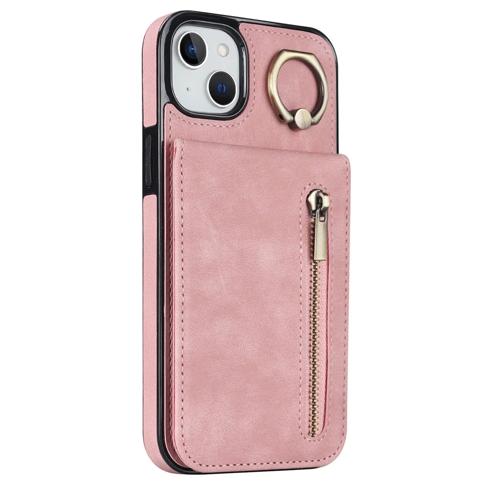 For iPhone 14 Plus Anti-drop Phone Case RFID Blocking Wallet Retro PU+TPU Cellphone Kickstand Cover - Pink - 7