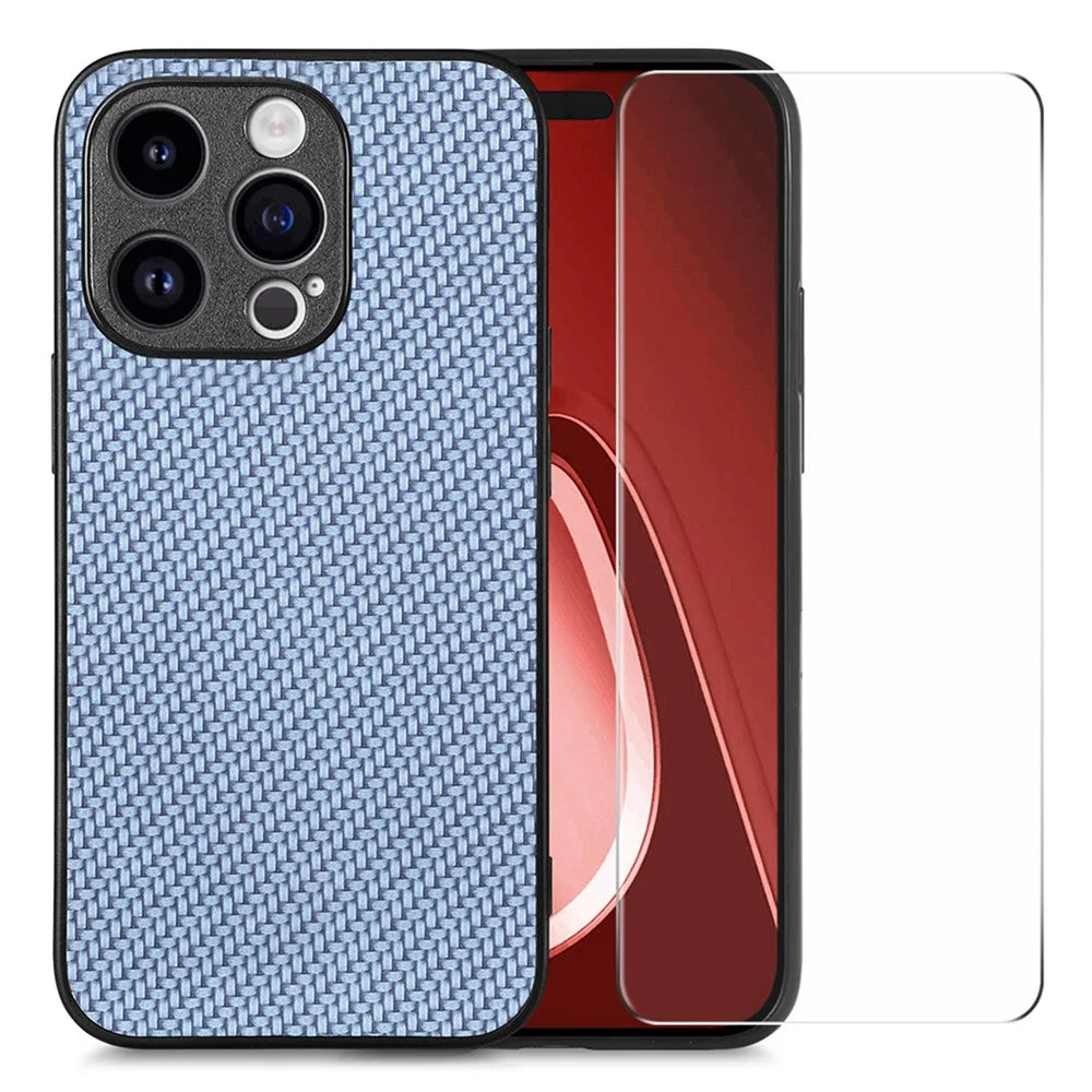 ENKAY HAT PRINCE For iPhone 14 Pro Carbon Fiber Leather+PC Phone Case with High Aluminium-silicon Glass Film - Blue - 1