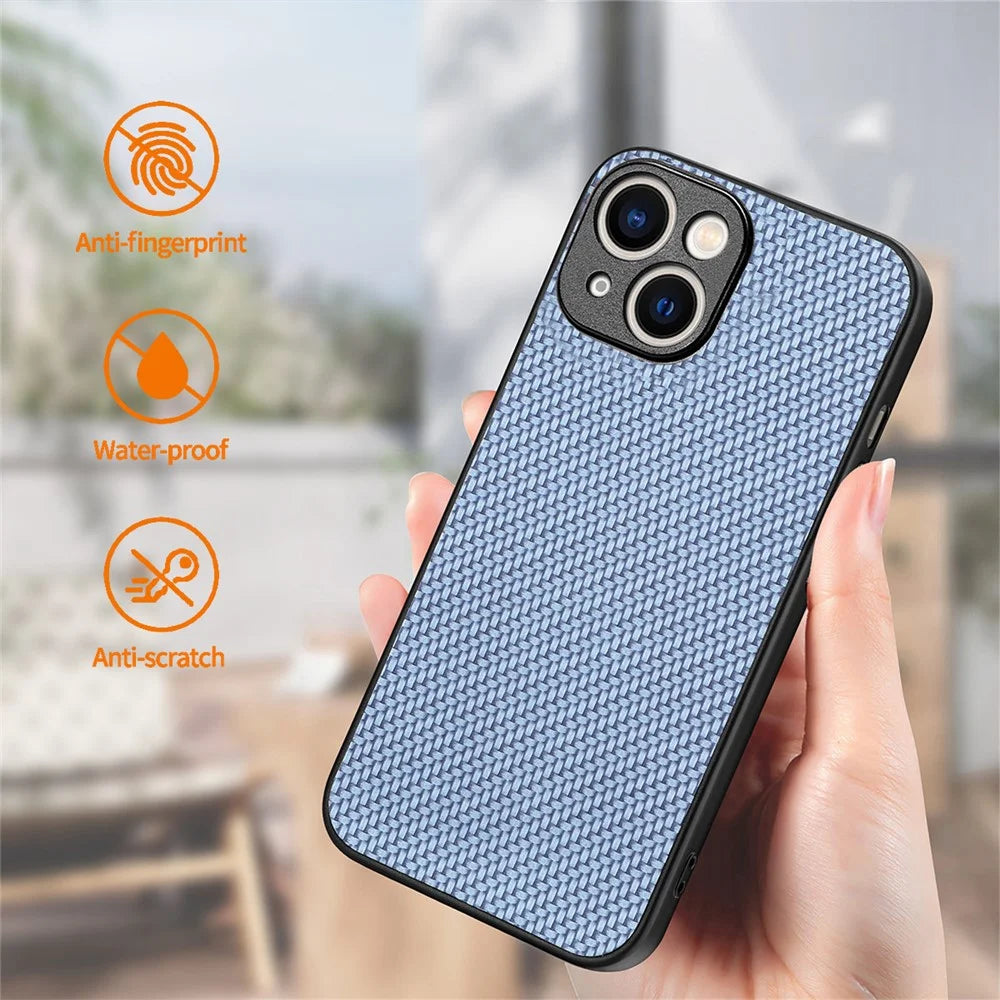 ENKAY HAT PRINCE Carbon Fiber Case for iPhone 14 Leather+PC Phone Cover with High Aluminium-silicon Glass Film - Blue - 6
