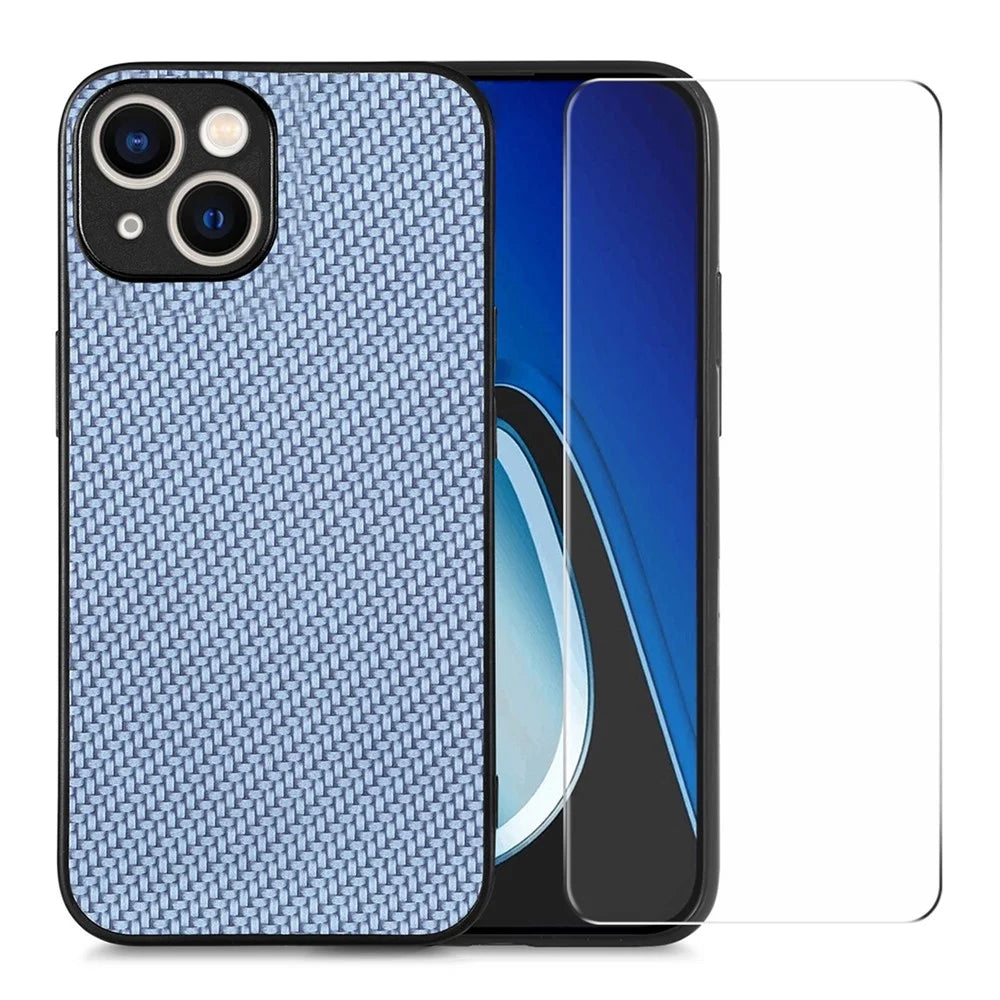 ENKAY HAT PRINCE Phone Cover for iPhone 14 Plus Carbon Fiber Leather+PC Case with High Aluminium-silicon Glass Film - Blue - 1