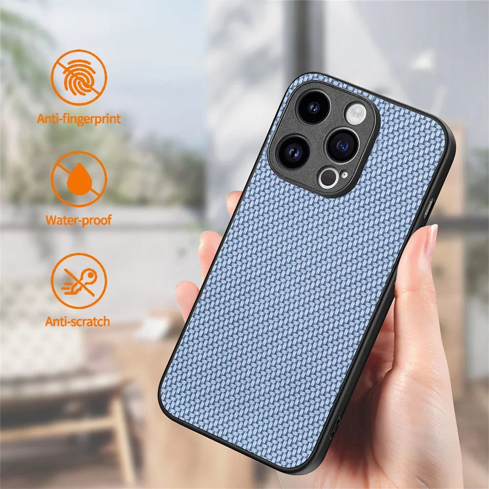 ENKAY HAT PRINCE for iPhone 15 Pro Max Leather+PC Phone Case Carbon Fiber Cover with High Aluminium-silicon Glass Film - Blue - 6