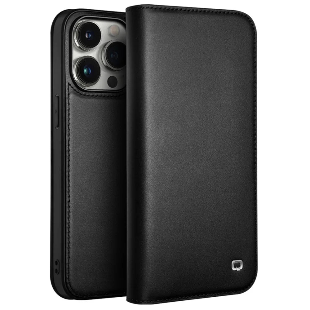 QIALINO For iPhone 15 Pro Wallet Case Stand Genuine Cow Leather Flip Phone Cover - Black - 1