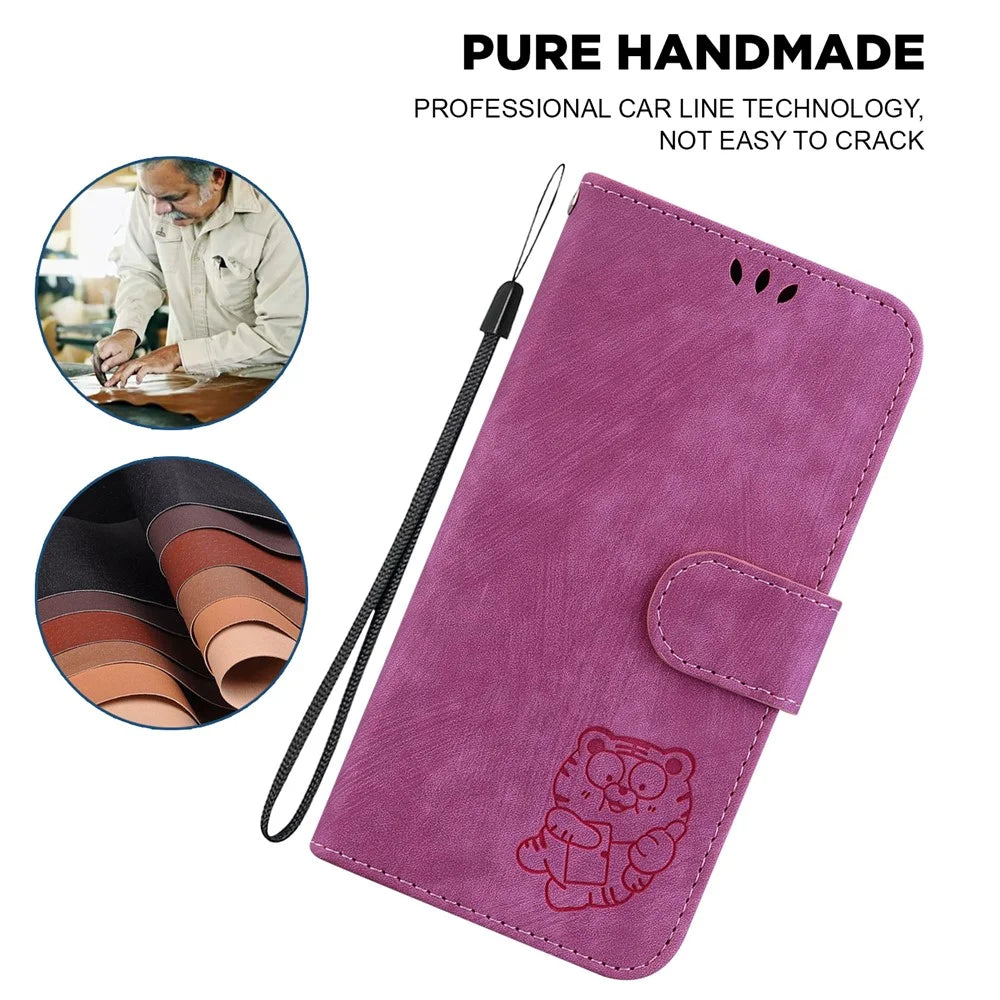 For Samsung Galaxy M34 5G / F34 5G Wallet Stand Leather Case Cute Tiger Imprint Phone Cover - Rose - 5