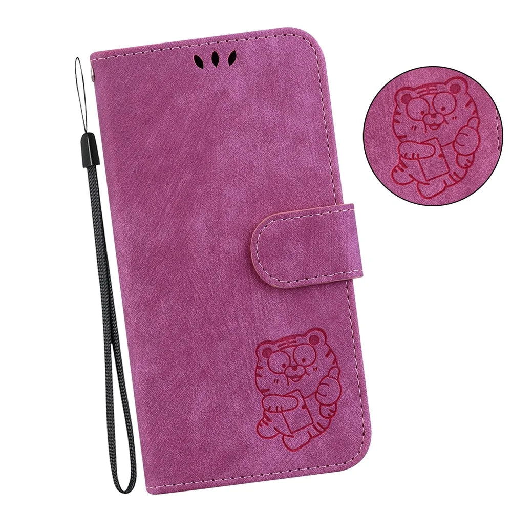 For Samsung Galaxy M34 5G / F34 5G Wallet Stand Leather Case Cute Tiger Imprint Phone Cover - Rose - 6