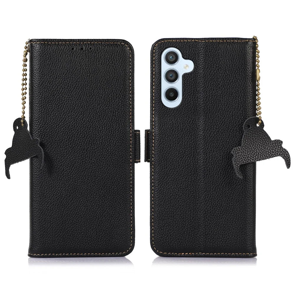 For Samsung Galaxy A05s 4G Case RFID Blocking Phone Wallet Case Genuine Cow Leather Cover - Black - 1