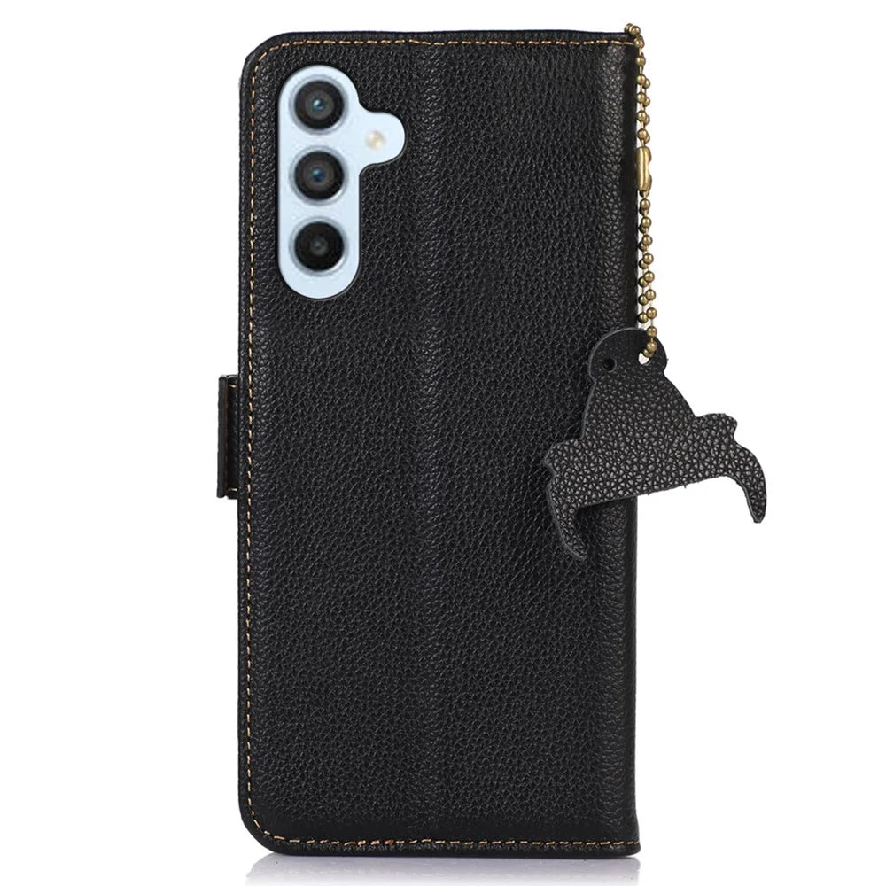 For Samsung Galaxy A05s 4G Case RFID Blocking Phone Wallet Case Genuine Cow Leather Cover - Black - 7