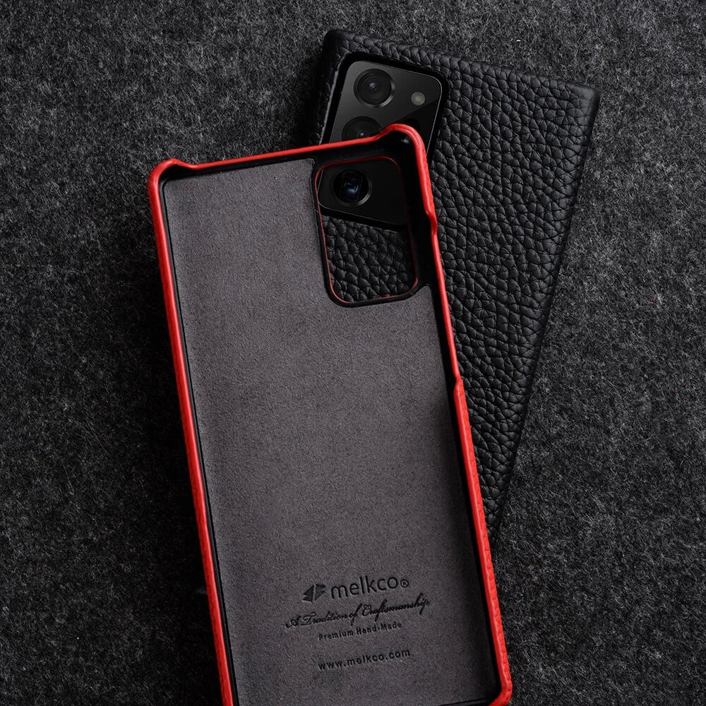 MELKCO Back Phone Case for Samsung Galaxy Note20 / Note20 5G , Genuine Cow Leather Coated PC Anti-Drop Cover - Black - 5