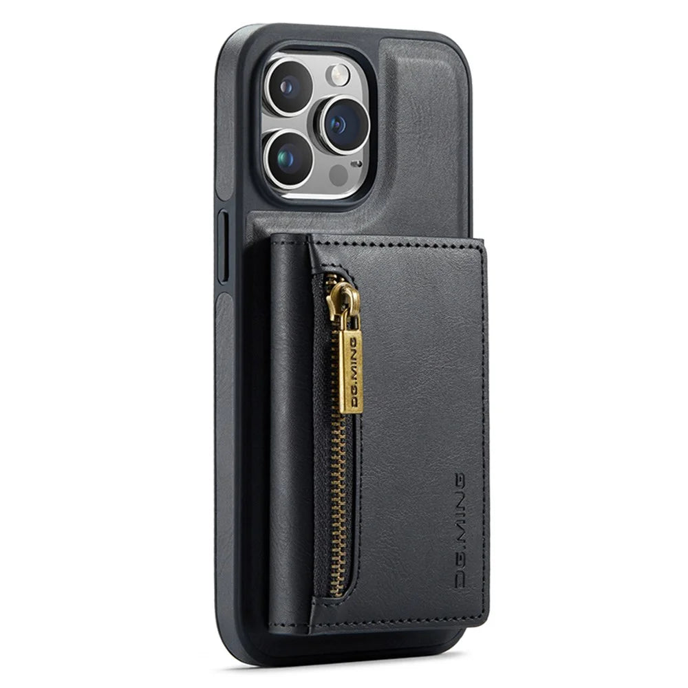 DG.MING M5 Series For iPhone 15 Plus Case Magnetic Wallet PU+PC+TPU Phone Cover - Black - 1