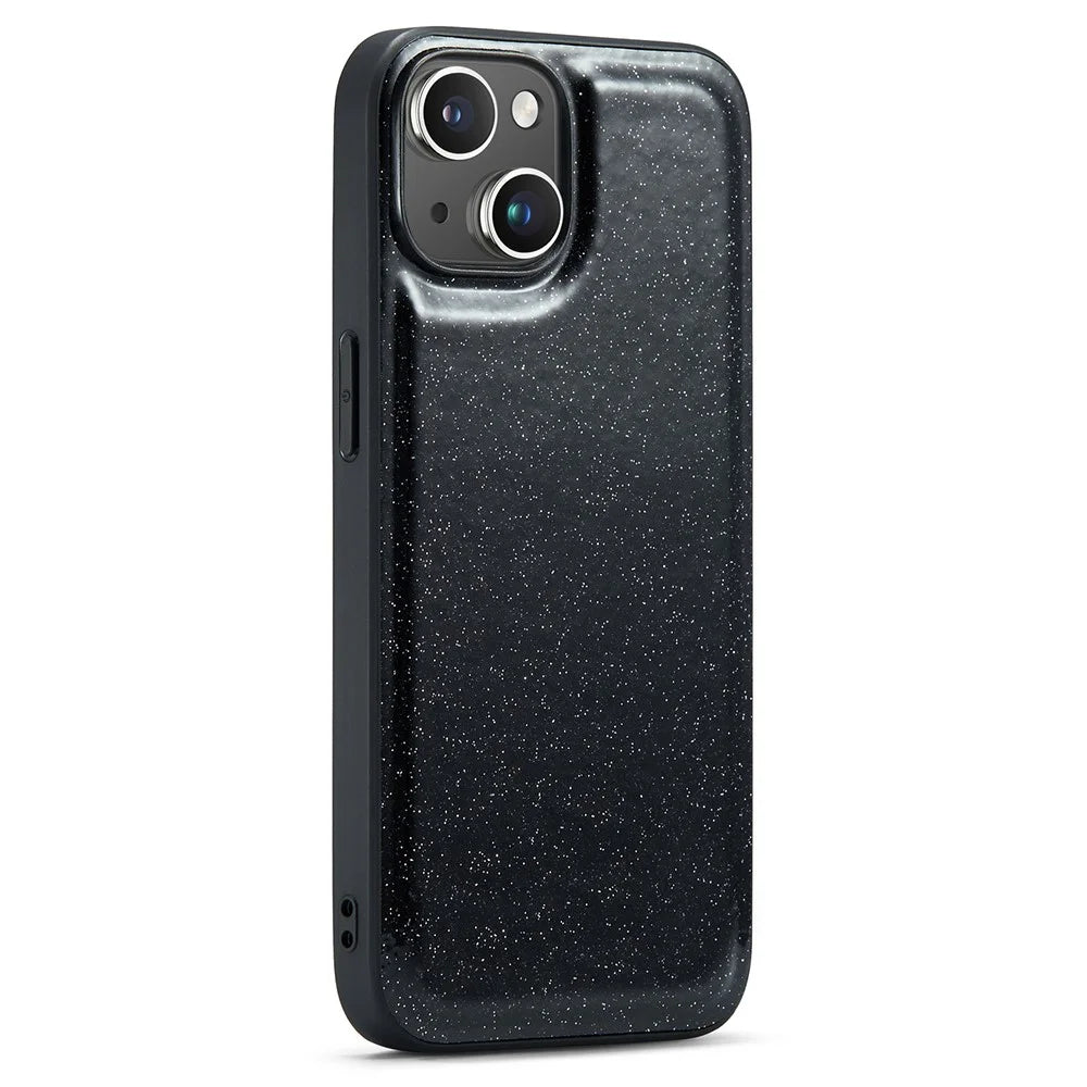 DG.MING For iPhone 15 Plus Case Glitter Surface PU Leather Coated PC+TPU Phone Cover - Black - 1